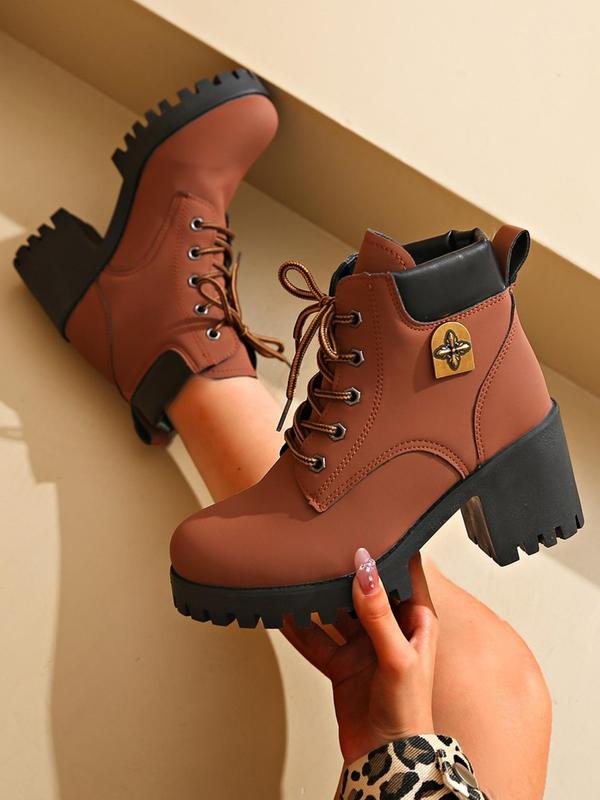 Women's Fashionable Solid Color Lace Up Ankle Boots, Casual Comfortable Round Toe Boots for Daily Wear, Female All-match Shoes for Spring & Fall 3