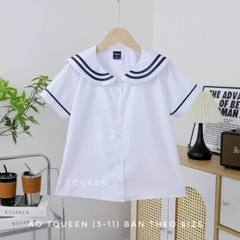 Áo sơ mi trắng nữ học sinh đồng phục học sinh bé gái cấp 1 cấp 2, sơ mi cổ sen, đồ đi học tiểu học