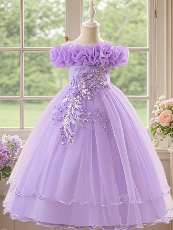 Off Shoulder Sequin Tulle Party Princess Dress, Elegant Floral Embroidery Sweater Dress for Evening Party, Kids Clothes for Summer 4