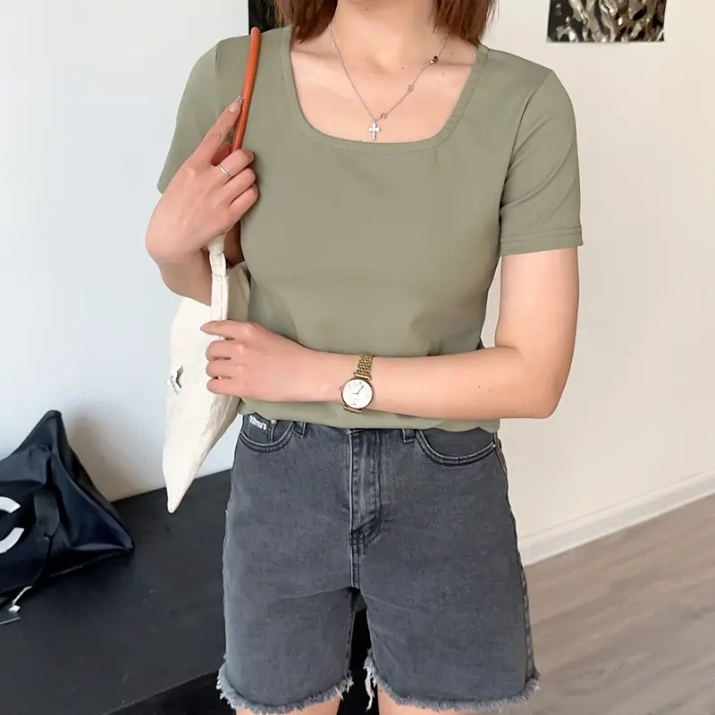 [TĂM LẠNH] Áo Cổ Vuông Croptop Tay Ngắn thun nữ  Freesize 40kg-70kg chất thun gân lạnh CC mềm mịn _ TrendTrend Store Dáng Ngắn Đen Tim Women 3
