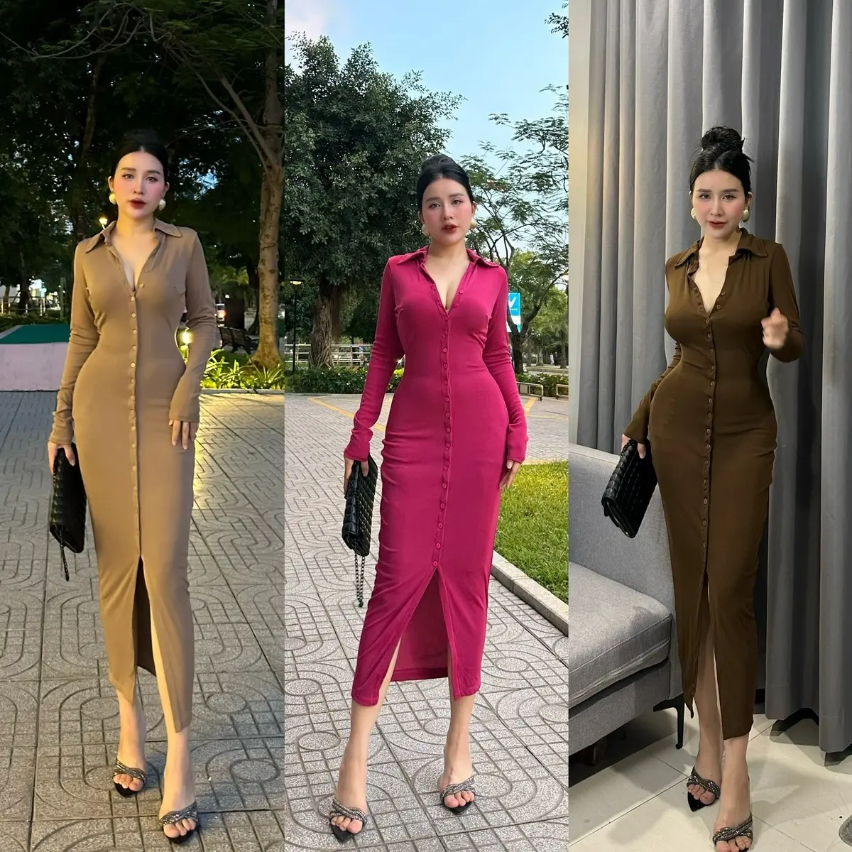 Đầm body sơ mi nữ dáng dài cực kì đẹp, chất thun tăm nhí cao cấp ôm sát body, mặc tôn dáng tôn 3 vòng. Đi làm đi chơi đều rất là xinh. Bảng màu gồm : Nude tây, Nâu đậm,  Đen hồng tôn da , tôn dáng , che khuyết điểm tốt cho nàng . Women Dress Nhung