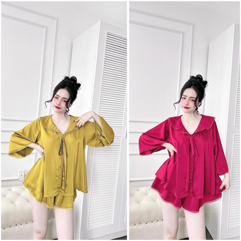 From RỘNG ( 50-80kg) Bộ Tiểu Thư, Quần Đùi Ống Rộng Áo Tay Loe Viền Cổ Phối Nơ Nữ