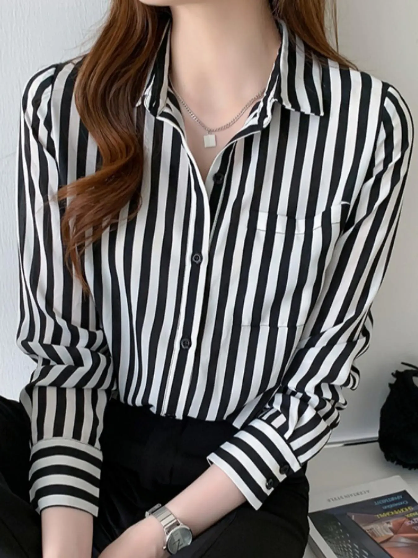 Women's Striped Print Button Front Shirt, Casual Long Sleeve Pocket Top for Spring & Fall, Women's Clothes for Daily Office Vacation