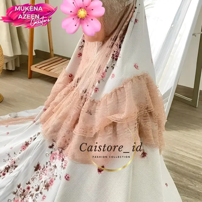 Mukena Azeen Alfurqon Dewasa Silk Renda Mewah Premium Cantik Adem Nyaman  Free Pouch Traveling Muslim Bawahan Atasan Kombinasi Bunga 7