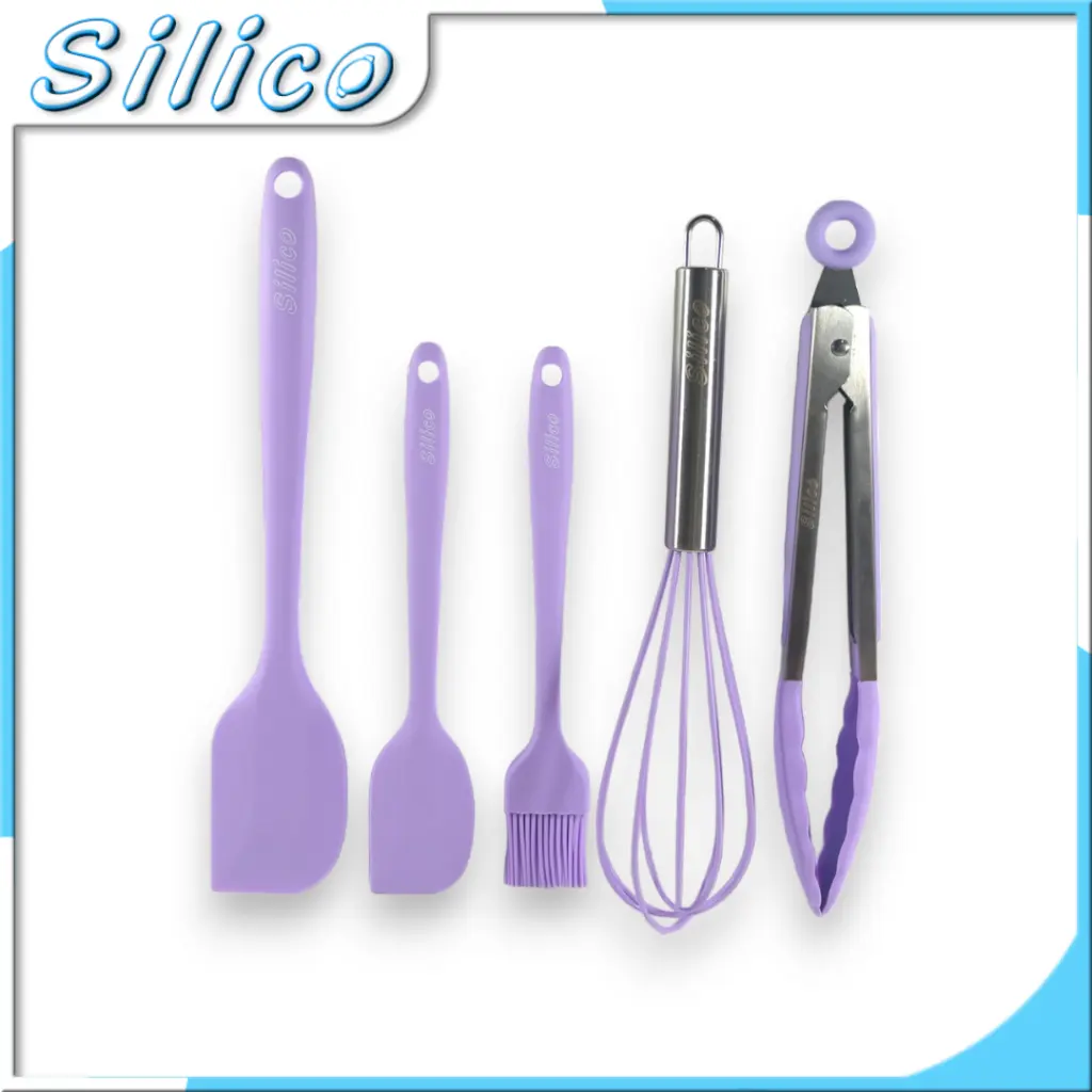 Silico Set Alat Masak Silikon Ungu 5 in 1 Kuas Spatula Kocokan Telur Capitan Tahan Panas Food Grade Kitchenware Praktis & Aman