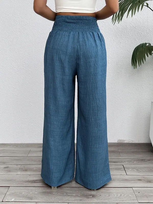 Women's Solid Color Tie Waist Wide Leg Trousers, Casual Fashion Elastic Waist Trousers for Daily Wear, Ladies Bottoms for All Seasons 1