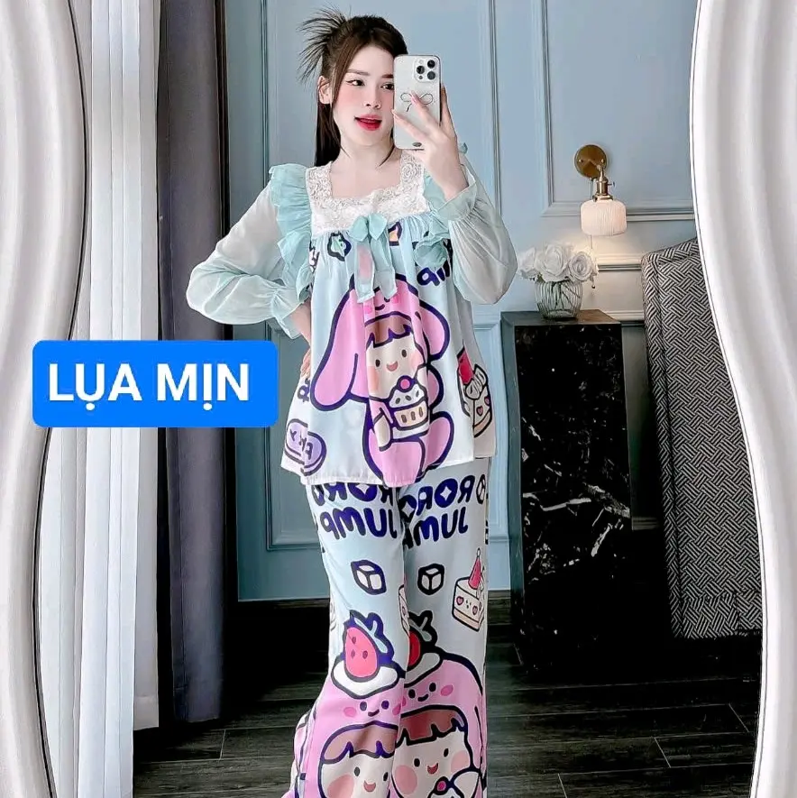 Pijama Nữ, Cổ Vuông Ren Viền Bèo, Tay Voan Dài, Vải Lụa Xước 40-60kg Có hoa Quần Ngủ Voi Sen
