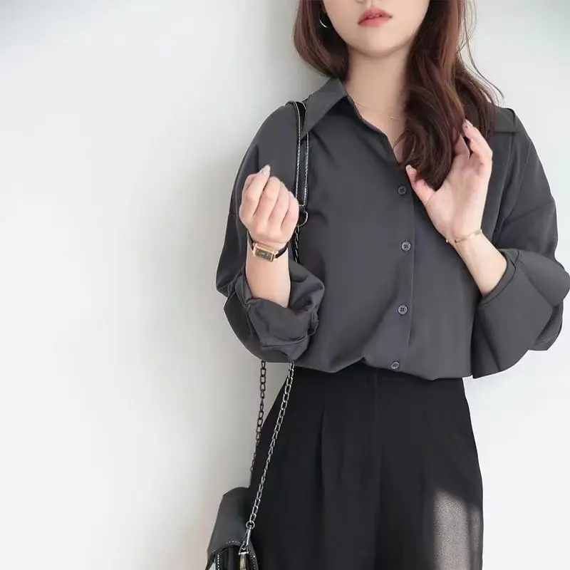 Áo Sơ Mi Cổ Nhọn Màu Xám, Cao Cấp, Dáng Rộng Vừa Vặn, Phong Cách Cổ Điển Thiết Kế Đẹp, Độc Đáo Và Thanh Lịch, Xếp Li Hàng Đầu, Áo Sơ Mi Dài Tay Xếp Chồng, Thời Trang Nữ Top Women Shirt