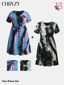 CURVZY Plus Size Tie Dye Print Short Sleeve Dress Set, Women's Plus Clothing for Daily Wear
