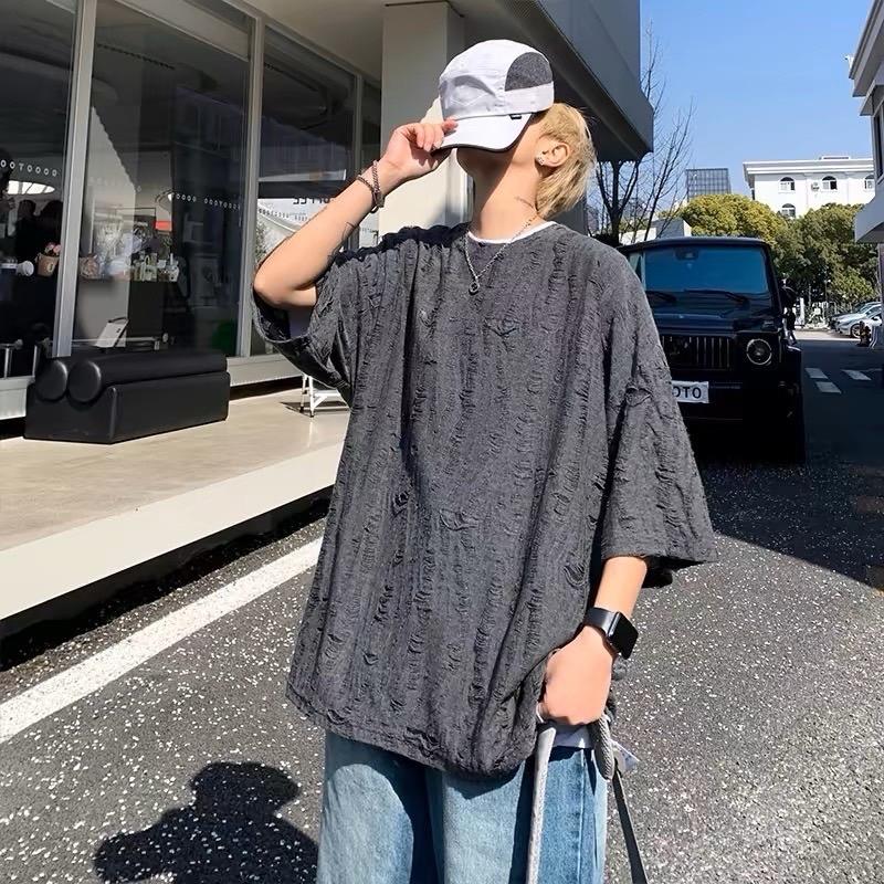  Áo phông nam nữ xước rách  Unisex form rộng free size  38-70kg  đũi xước 2 lớp Trơn Women Top Cotton 