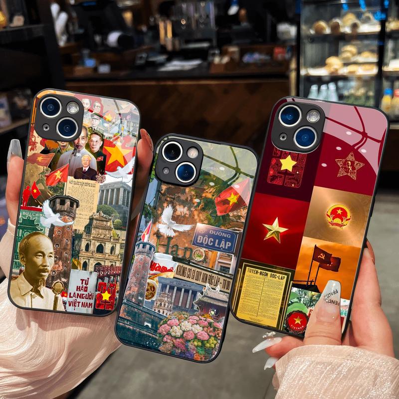 Ốp Kính Cờ đỏ sao vàng Bác Hồ dành cho iPhone 16 15 14 13 12 11 8 7 6 6s 6p 7p 8p 6g 7g 8g Pro Max XR XS xsmax Plus Promax Ốp lưng điện thoại di động luxury Lady Case