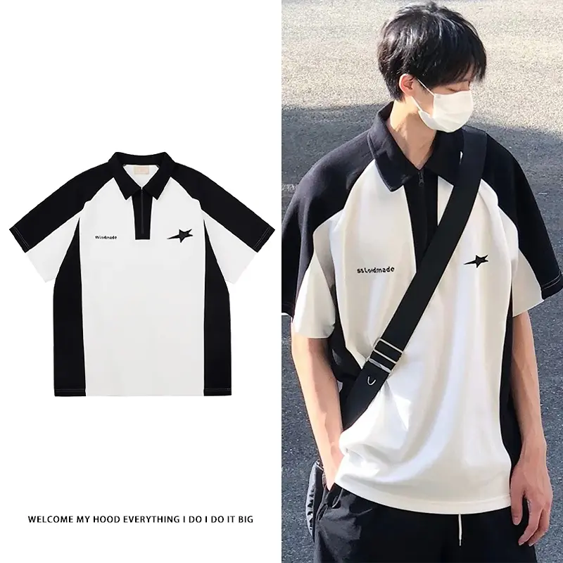 COD-2024ss ผ้าฝ้ายแท้สีตัดกันเย็บปะติดปะต่อกันเสื้อโปโลปักเสื้อยืดแขนสั้นสำหรับผู้ชายสี่ฤดูกาลหลวม ins เสื้ออินเทรนด์เทรนด์อเมริกันสไตล์เกาหลีอ่อนเยาว์และอ่อนเยาว์