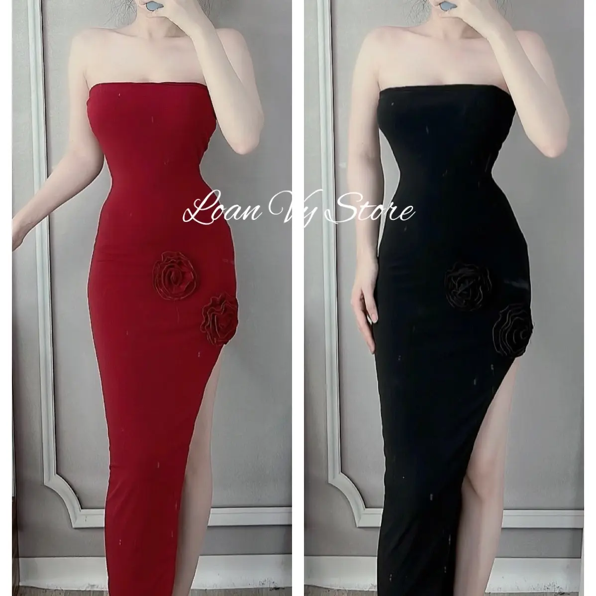 M20 - ĐẦM ỐNG BODY CUT ĐÙI HOA HỒNG