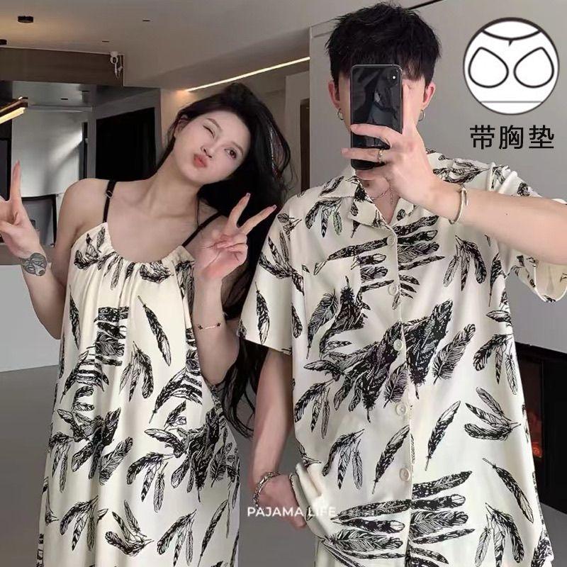 Đồ Ngủ Cặp Đôi, Đệm Ngực Thoáng Khí, Váy Ngủ Có Dây Đeo Mùa Hè, Dành Cho Phụ Nữ Và Nam Giới, Mỏng Và Ngầu, ngắn Tay, Đồ Mặc Nhà, Bộ Nam 1