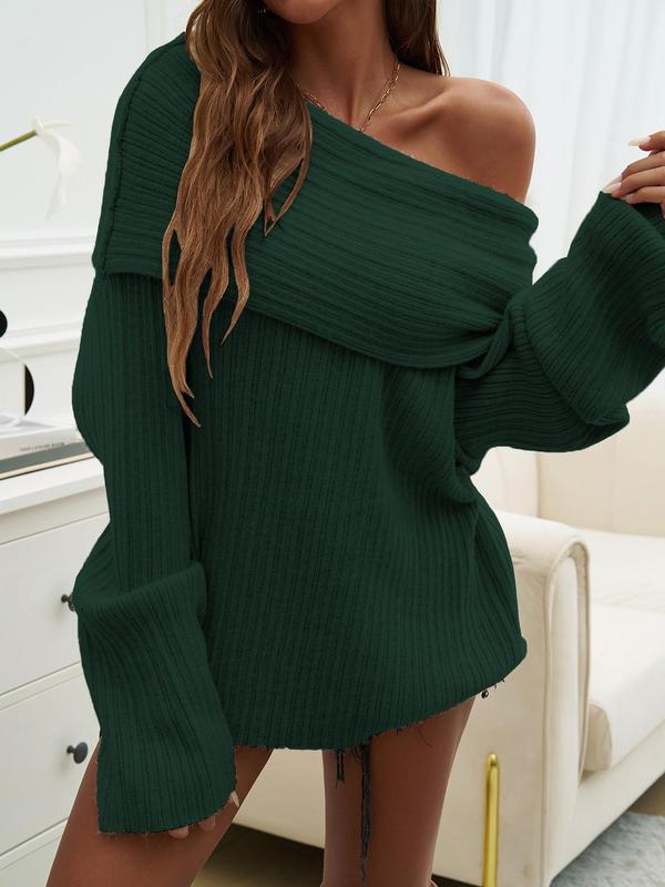 Women's Solid Off Shoulder Drop Shoulder Sweater, Trendy Elegant Fashion Casual Long Sleeve Jumper for Daily Outdoor Wear, Women Knitwear for Fall & Winter 6