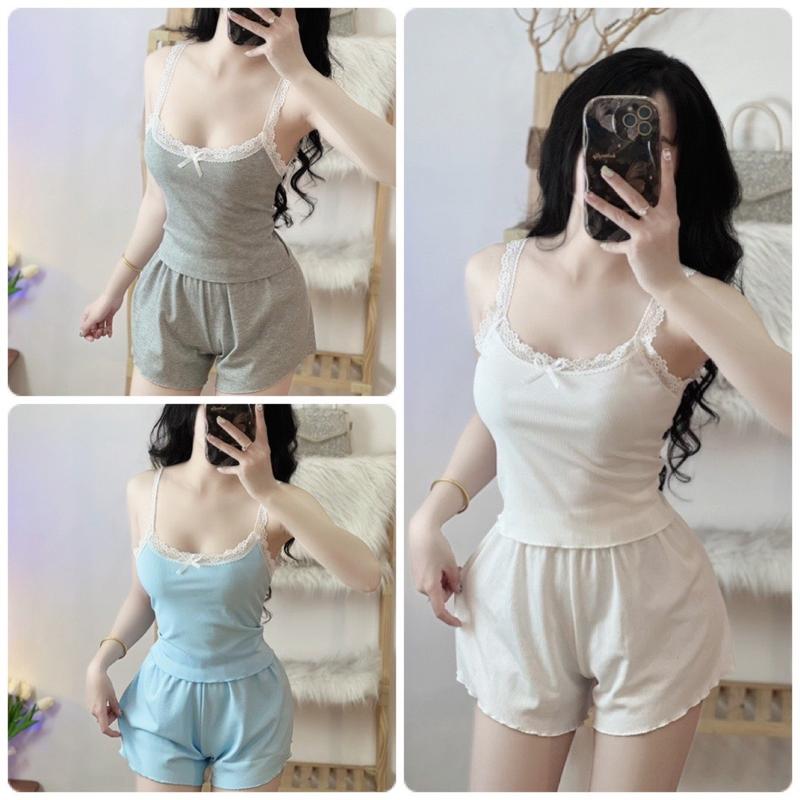 Set đồ nữ hai dây mặc nhà phối ren gợi cảm sexxy đủ màu video thật sản phẩm MA16D Thun Đen