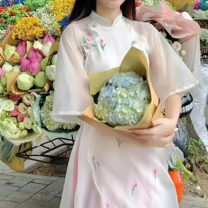 Áo Dài Nhăn Thêu Hoa Tulip, quần hồng  Nữ
