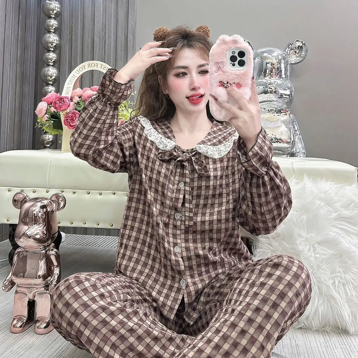 SALE Đồ bộ Nữ TD Kẻ Ô Cổ Viền Ren Thuỷ Thủ 40-57kg 1m50-1m60