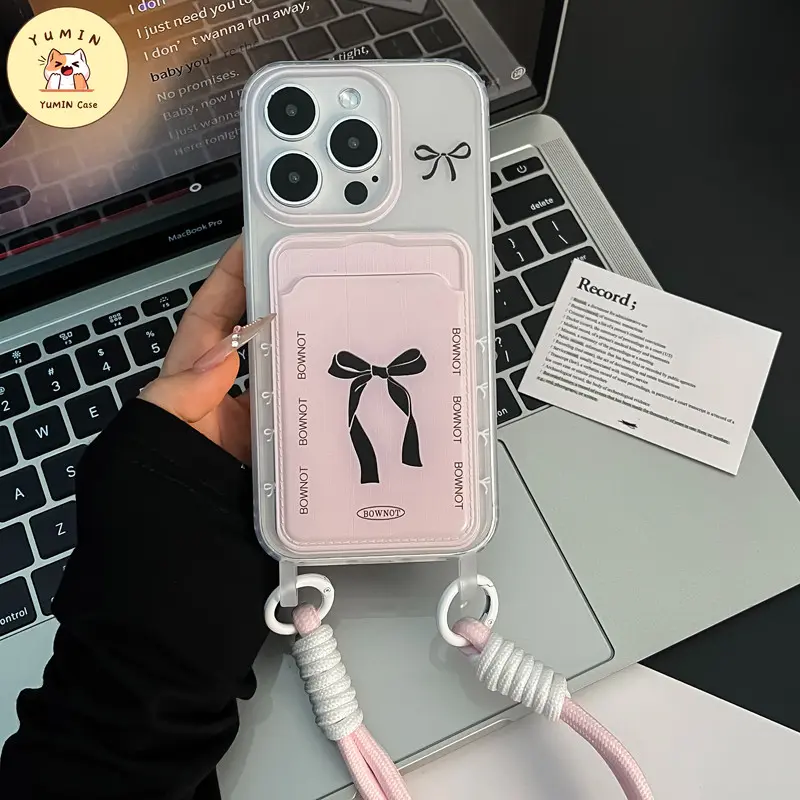 Casing Tempat Kartu Dompet Simpul Pita Hitam Lucu Kompatibel Untuk IPhone 11 13 15 12 14 Pro Max XR X XS Max 7 8 15 Plus 7Plus SE 2022 Fashion Kreatif Mewah Penutup Lembut 0