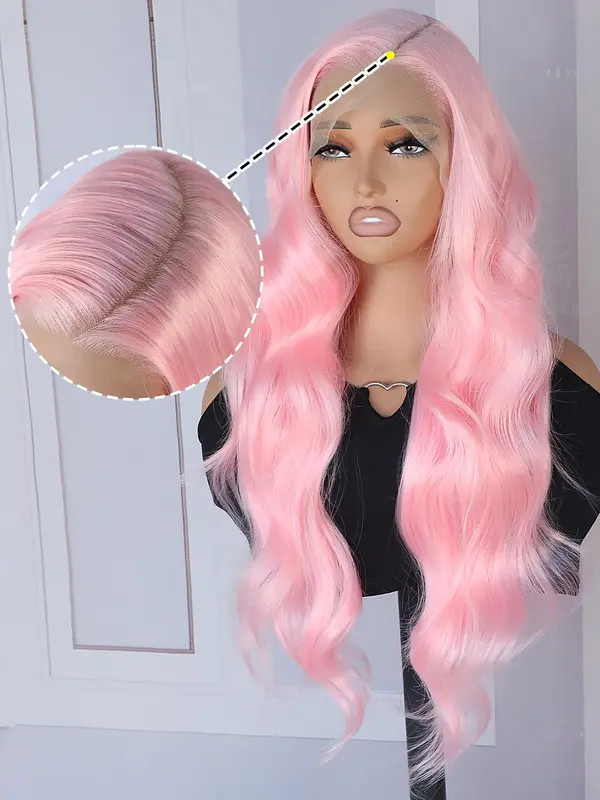 26 Inch Pink Long Body Wavy Synthetic Lace Front Wigs for Women, Natural Looking Gorgeous Fluffy Wigs without Bangs, Heat Resistant Glueless Wigs, Synthetic Lace Wigs for Party, Daily Use 5