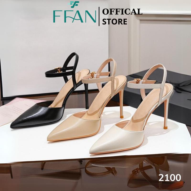 Giày nữ cao gót mũi nhọn gót nhọn [da thật] mềm mại 2100 FFAN STORE, bít mũi quai cài 6 8 phân màu đen be trắng bigsize DéP Cao Su