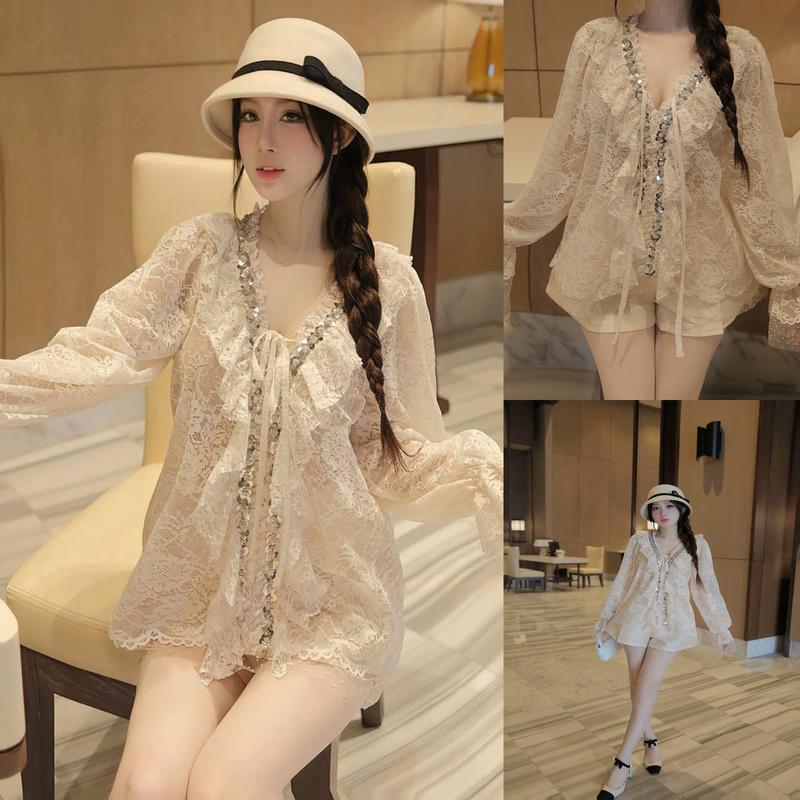 Set Áo Ren Kim Sa Mix Quần Tacta Kem Dài Đồ Bộ Nữ Xuân Hè Top Women Mai Chi Store MC235