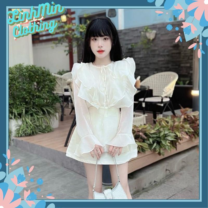 Set áo váy nữ tiểu thư áo sơ mi voan bèo tay loe phối chân váy tafta LinhMin-B219