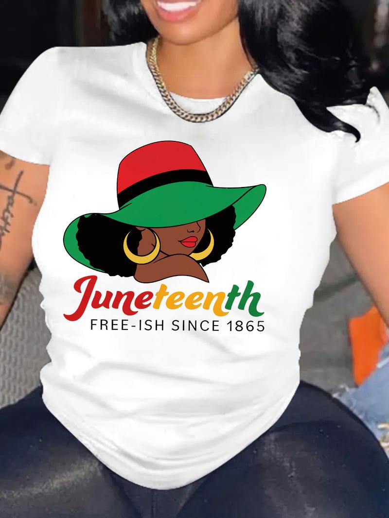 Product Introduction of Womens Figure & Letter Print T-Shirt - Fashionable Crew Neck, Short Sleeve, Casual Style - Perfect for Spring & Summer - Eye-Catching Graphic Design, Versatile Wardrobe Staple 1