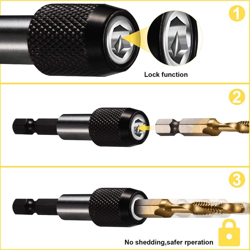 Product Introduction of 3 in 1 Drill Bit Set, Titanium Coated Screw Drill Bit Tool with Quick Change Adapter, Power Tool Accessories for Drilling, Tapping, Reaming 4