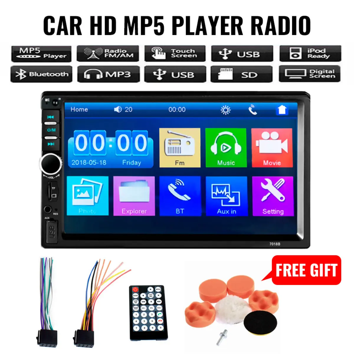 7 inch Touch Scree Car HD MP5 Player with Radio Stereo Bluetooth Mirror link Android-two-way Control Teering Wheel Control Rear View FM 7010B Manual
