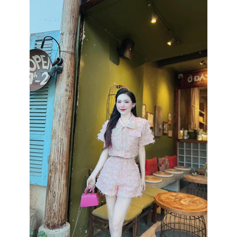 Set bộ nữ croptop dạ hồng hotrend kèm nơ tiểu thư - Hồng Phấn, chất liệu dạ lông, size S M 6