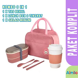 PAKET 3 IN 1 KOTAK MAKAN SET Lunch Box Bekal Makan Siang Dengan Gelas / Botol Minum dan Tas Bekal