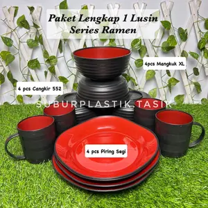 [PAKET 3] Harga Grosir Paket Lengkap 1 Lusin Series Ramen Gelas + Piring + Mangkok  Plastik Tebal Tahan Panas Food Grade Murah Bisa COD Hitam Merah Kitchenware