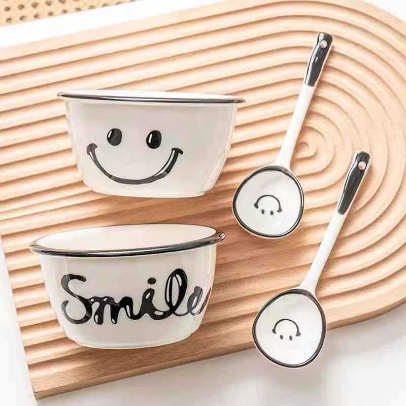 Bộ bát ăn cơm hình mặt cười kèm thìa gốm sứ decor, set bát mặt cười 4 món phong cách Hàn Quốc