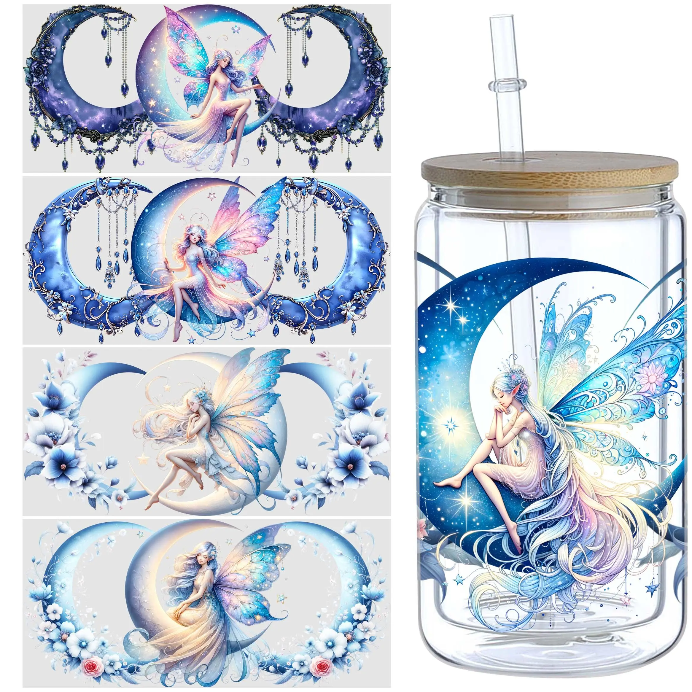 Moon Fairy Pattern UV DTF Cup Sticker, Waterproof Magic Moon Fairy Wipeable Transfer Paper for 16 Ounces Glass Cups, Mugs, Crafts, Furniture