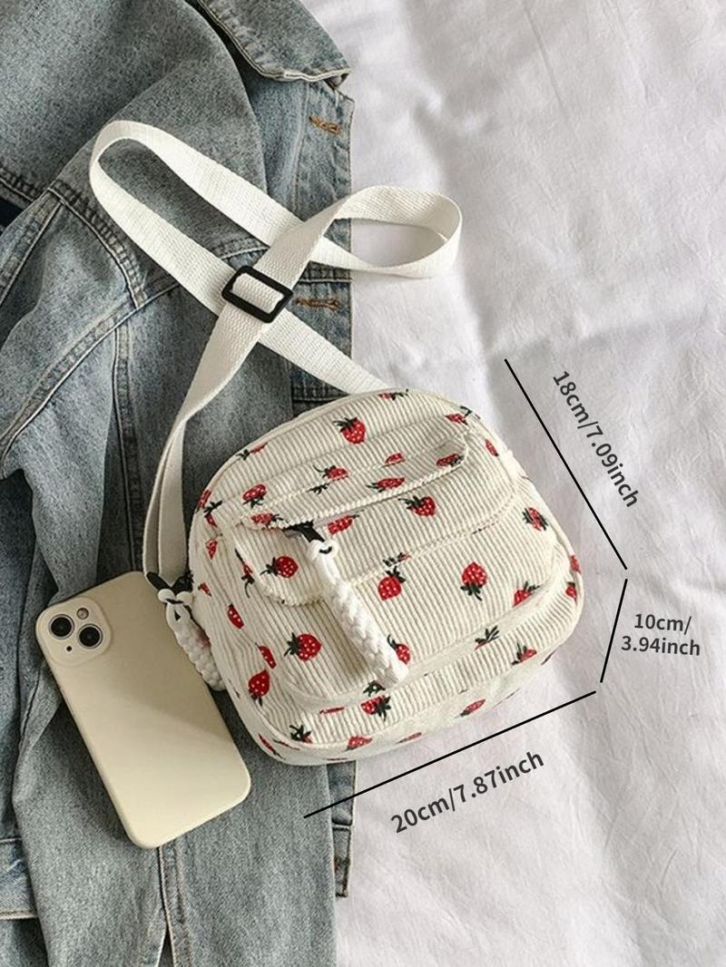 Product Introduction of Women's Strawberry Pattern Corduroy Crossbody Bag, Fashionable Zipper Shoulder Bag for Daily Used, Casual Trendy Versatile High-quality Commuting Bag 1