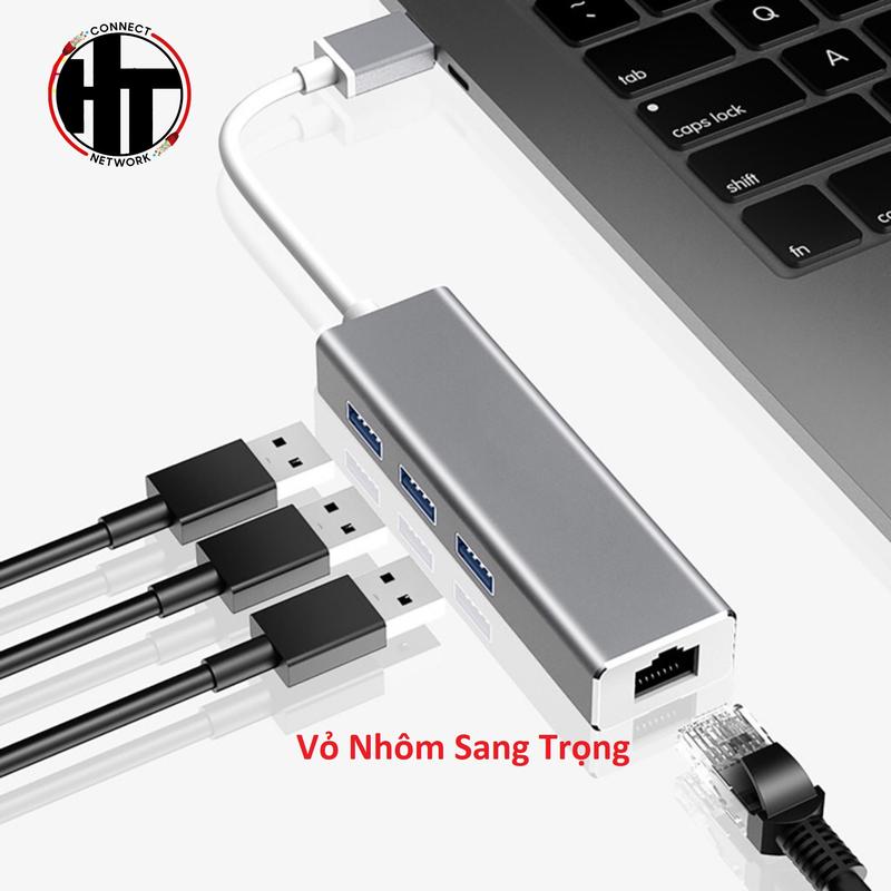 HUB USB chia 1 ra 3 cổng USB 3.0 và 1 cổng LAN vỏ nhôm - Cáp chuyển USB to LAN và USB