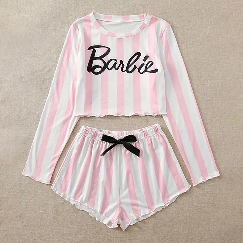 Girls pink and white striped pajamas pullover casual long-sleeved shorts home clothes can be worn outside pajamas