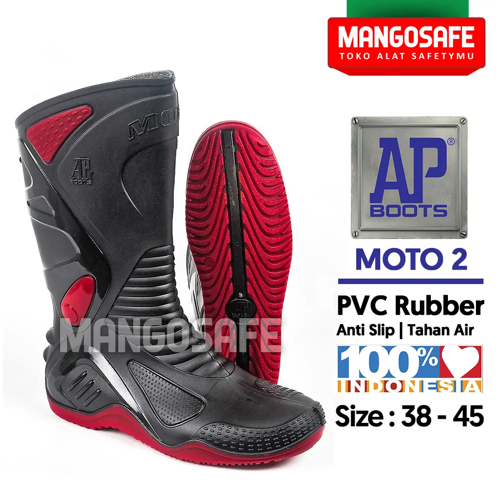 AP Boots MOTO 2 Bikers /  APBoots MOTO2 Sepatu Boot Hujan Tinggi Karet PVC Waterproof Anti Air Hitam & Merah / Sepatu Proyek Pabrik Tukang Kebun Surveyor Trail Motocross
