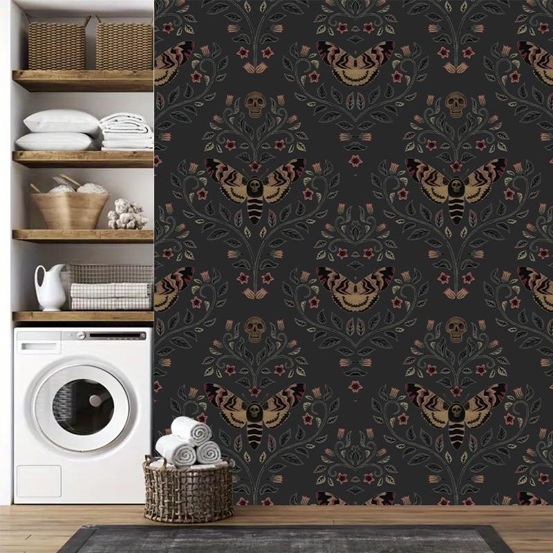 Skull Head Moth Pattern Wall Sticker, 1 Roll Waterproof Self-adhesive Wallpaper, Removable Wall Decal for Home Living Room Bedroom Dormitory Decor 5