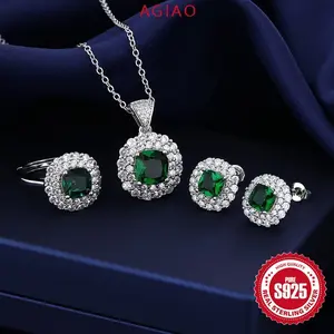 AGIAO S925 Silver Bead Treasure Tiga Potong High-end Square Emerald Necklace Pendant Ring Anting Penuh Berlian Perhiasan Wanita