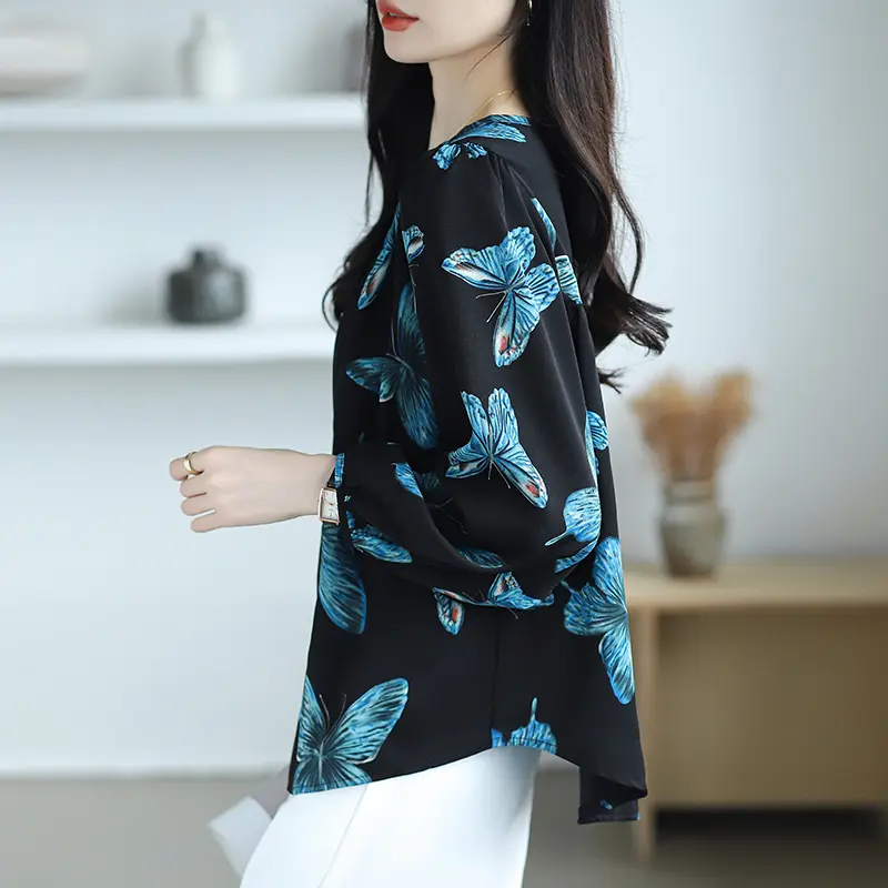 Áo Voan Cổ Tròn, Dành Cho Nữ, In Hình Bướm, Phong Cách Hồi Giáo, Áo Dài Tay, Hàng Mới Về 1