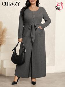 CURVZY Plus Size Solid Color Belted Button Pocket Jumpsuit, Casual Long Sleeve Round Neck Wide Leg Jumpsuit for Spring & Fall, Women's Plus Clothes for Daily Wear