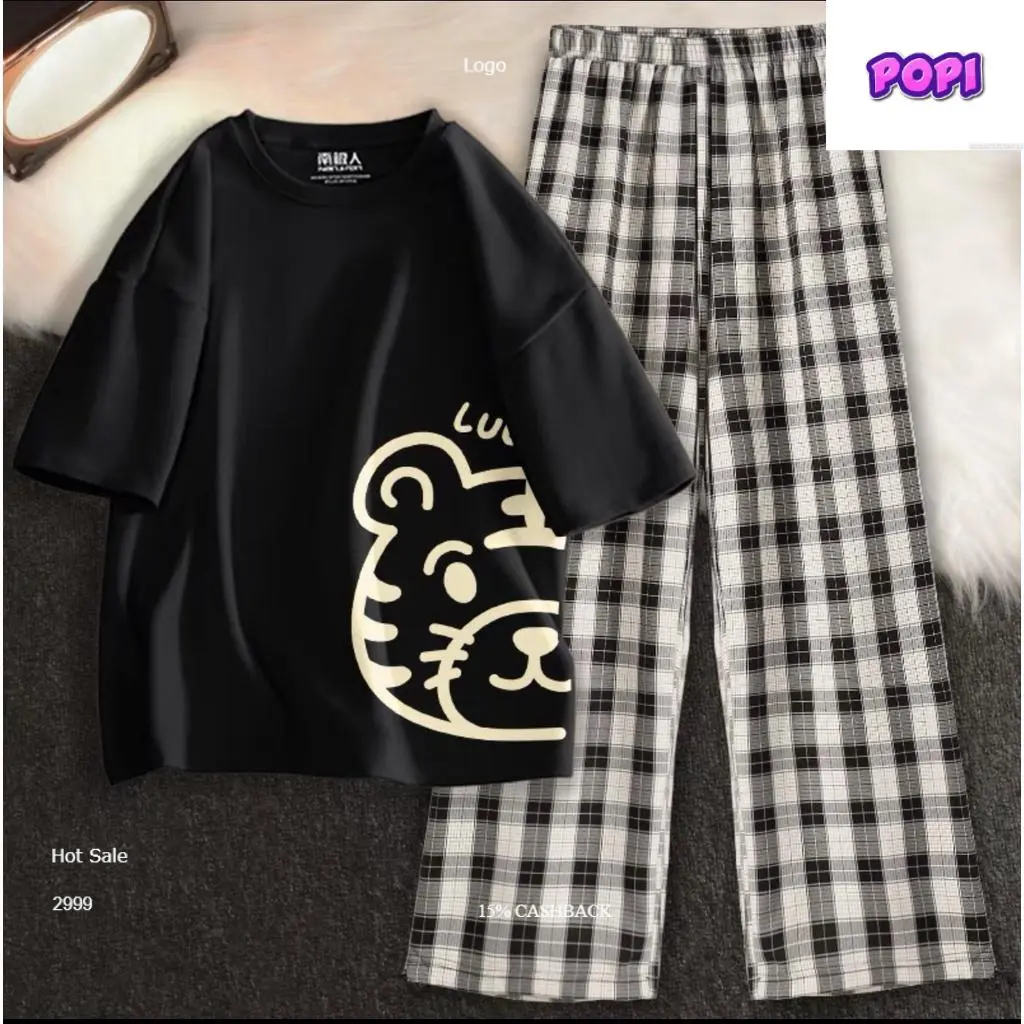[GIẢM GIÁ] Sét Áo phông Lucc+ quần kẻ Karo, Áo thun nam nữ, from rộng mặc thoải mái, Sét bộ mặc ở nhà và mặc đi chơi. -POPI.36