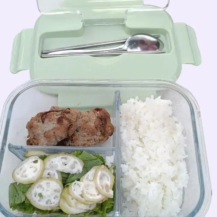 Hộp Cơm Thủy Tinh 1L 3 Ngăn Kèm Muỗng Đũa Inox Chịu Nhiệt Chống Tràn