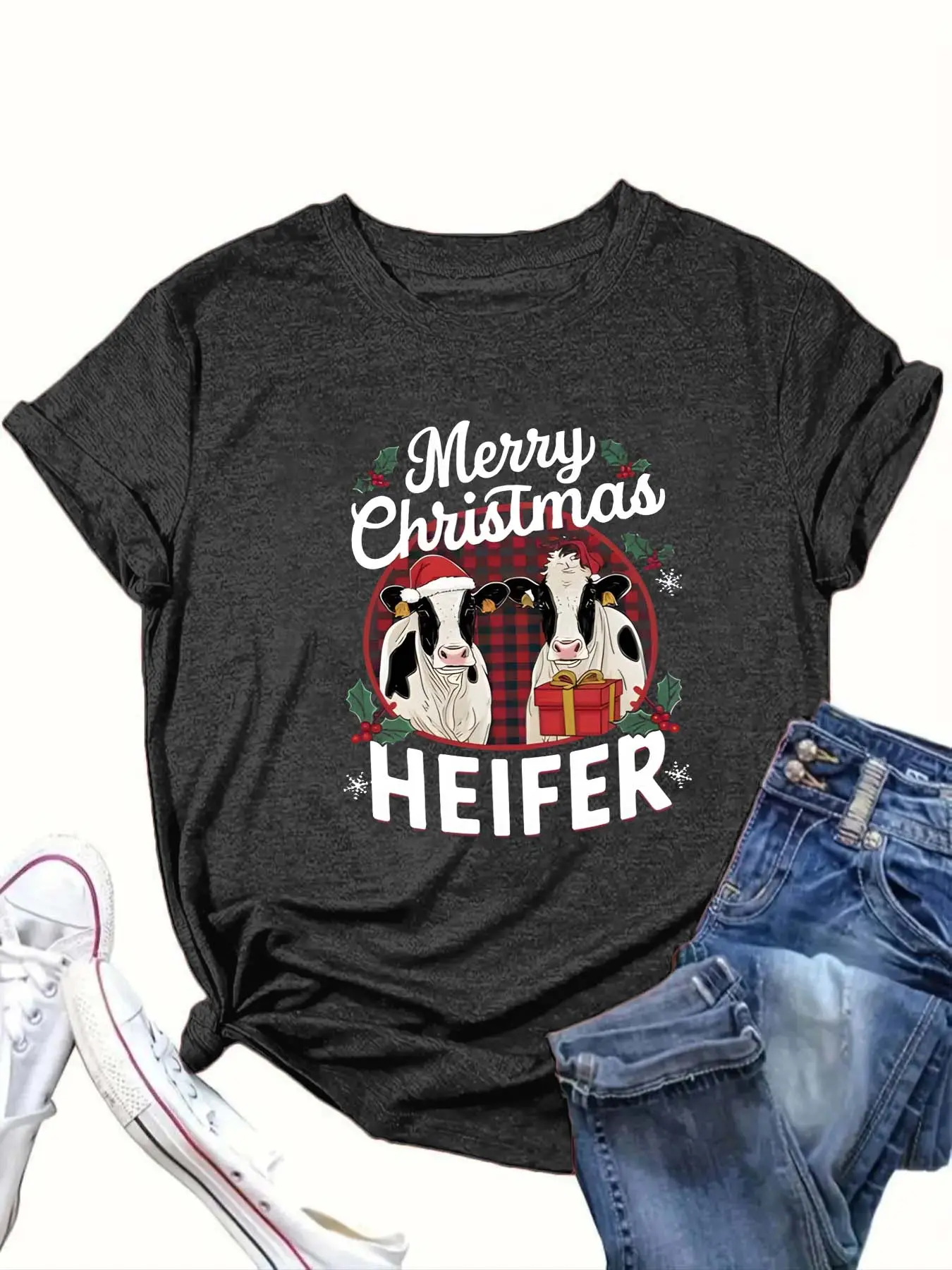 【Plus Size】 Christmas Cartoon Cow & Letter Print Round Neck Tee, Casual Short Sleeve Crew Neck T-shirt for Summer, Women's Clothing for Daily Wear