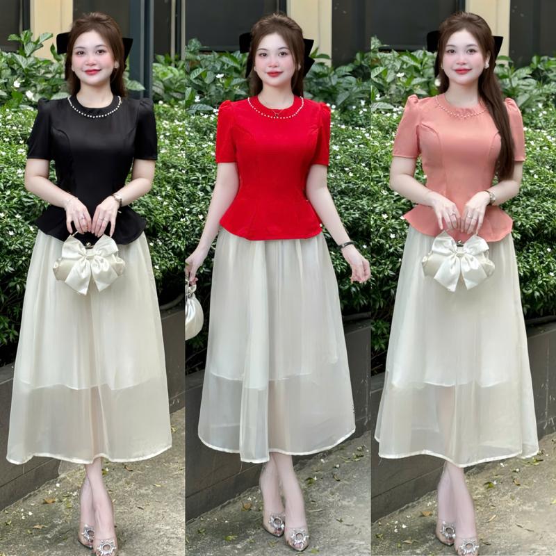   FREESHIP  D10-Set áo cổ ngọc mix chân váy xoè tiểu thư   Chân váy 2 lớp tơ  nhẹ nhàng tiêut thư Vải mềm mịn đi làm đi chơi đi tiệc  đủ size 38kg-60kg Mijustore Nữ Women Voi Cotton Màu Đen 