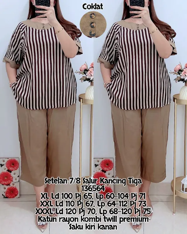 TOP - Setelan Katun Rayon Twill 136564 - Set Salur 7per8 - Celana Kulot Pendek - Atasan Motif Salur 2