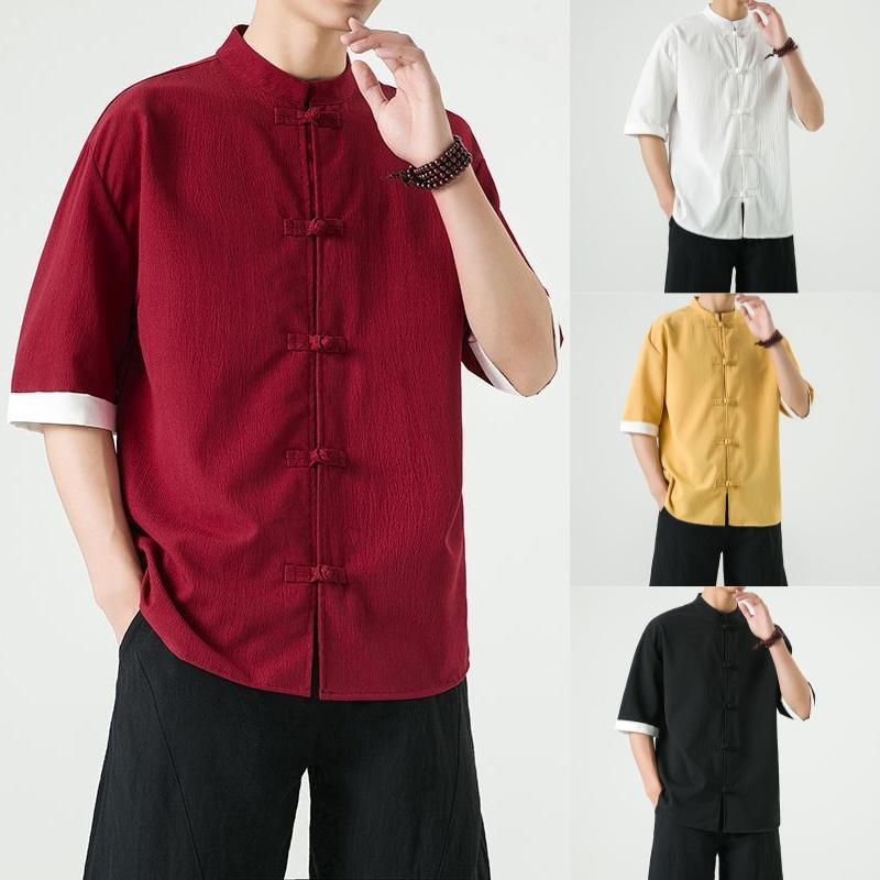 Product Introduction of Men's Shirt, Tang Suit Shirt, Chinese Style, Tai Chi Clothing, Kung Fu Clothing, Linen Thin Stand Collar Buttoned Zhongshan Suit Menswear Top chinese man red shirt chinese fashion outfit Lingerie Beige 1