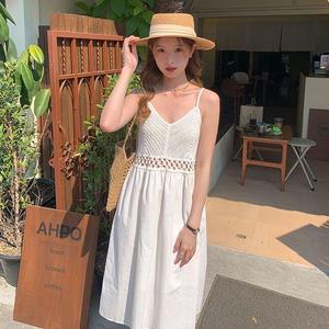 Handmade Hollow Knitted Camisole Vest Patchwork Long Dress High Waist A-line Backless Loose Dress for Women Beach Vacation